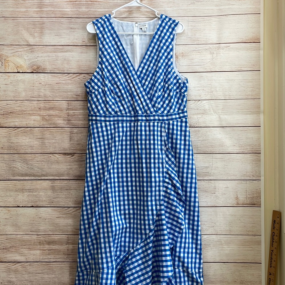 J CREW V-NECK RUFFLE WRAP MAXI DRESS IN BLUE AND WHITE GINGHAM